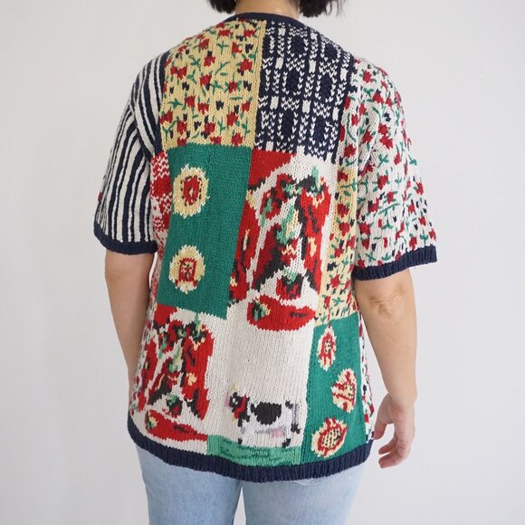 VTG Eagle’s Eye Patchwork Knit Cardigan 55% Ramie 45% Cotton Eclectic Grandpa M - Picture 2 of 9